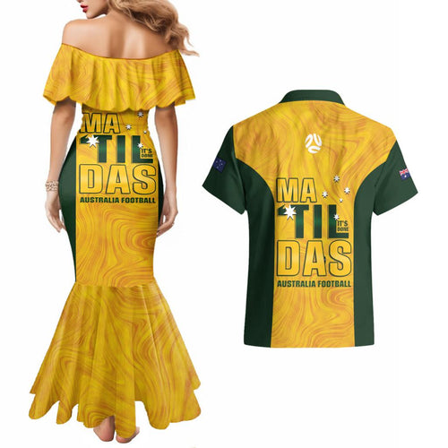 Australia Soccer Couples Matching Mermaid Dress and Hawaiian Shirt Cooney Cross Matildas Gold Version
