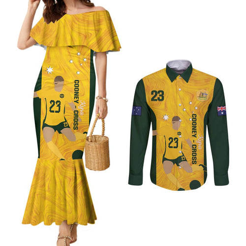 Australia Soccer Couples Matching Mermaid Dress and Long Sleeve Button Shirt Cooney Cross Matildas Gold Version