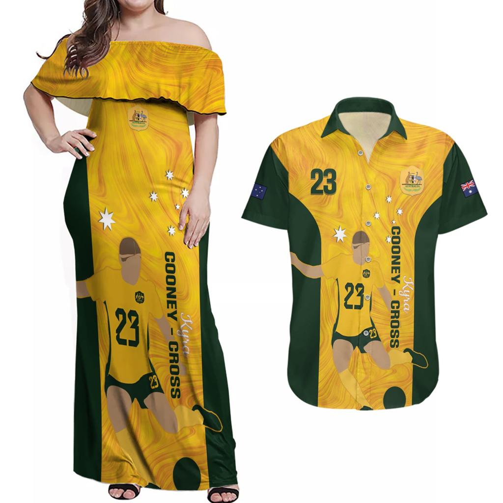 Australia Soccer Couples Matching Off Shoulder Maxi Dress and Hawaiian Shirt Cooney Cross Matildas Gold Version