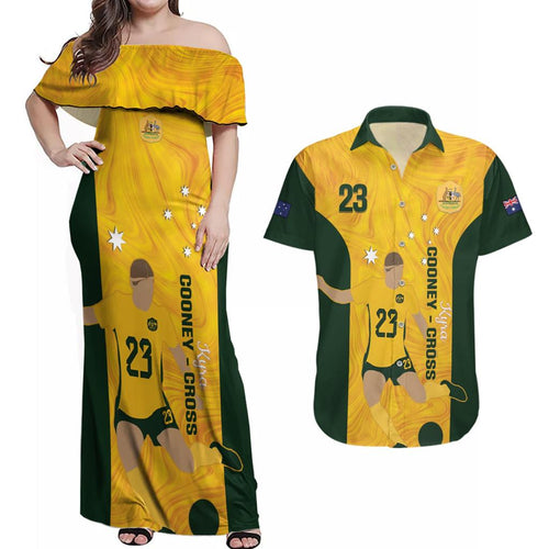 Australia Soccer Couples Matching Off Shoulder Maxi Dress and Hawaiian Shirt Cooney Cross Matildas Gold Version