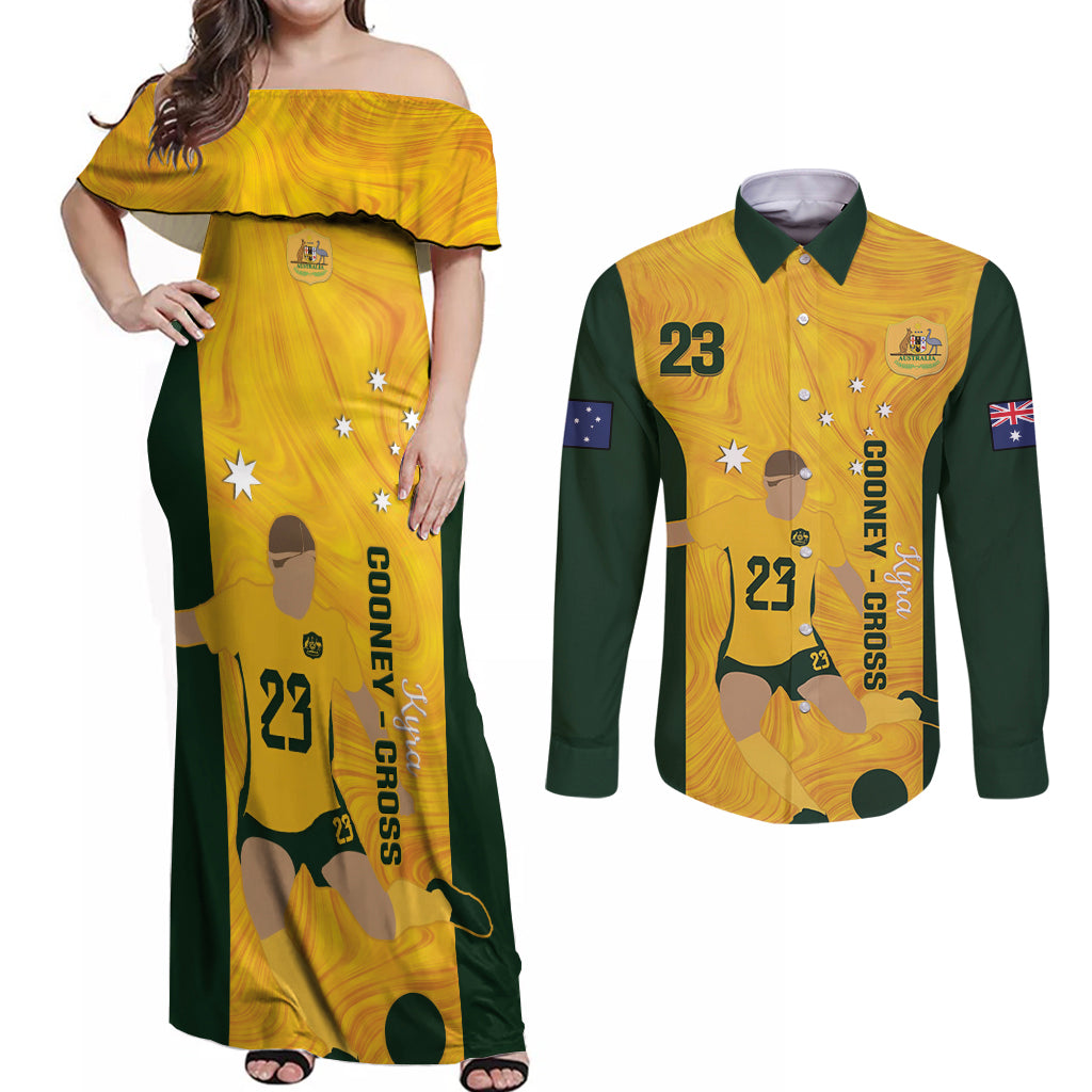 Australia Soccer Couples Matching Off Shoulder Maxi Dress and Long Sleeve Button Shirt Cooney Cross Matildas Gold Version
