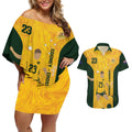 Australia Soccer Couples Matching Off Shoulder Short Dress and Hawaiian Shirt Cooney Cross Matildas Gold Version