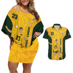Australia Soccer Couples Matching Off Shoulder Short Dress and Hawaiian Shirt Cooney Cross Matildas Gold Version
