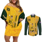 Australia Soccer Couples Matching Off Shoulder Short Dress and Long Sleeve Button Shirt Cooney Cross Matildas Gold Version