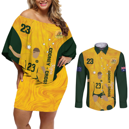 Australia Soccer Couples Matching Off Shoulder Short Dress and Long Sleeve Button Shirt Cooney Cross Matildas Gold Version
