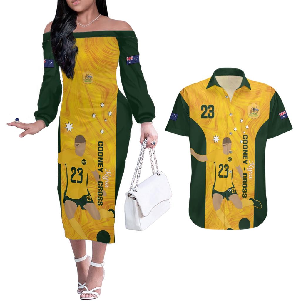 Australia Soccer Couples Matching Off The Shoulder Long Sleeve Dress and Hawaiian Shirt Cooney Cross Matildas Gold Version
