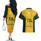 Australia Soccer Couples Matching Off The Shoulder Long Sleeve Dress and Hawaiian Shirt Cooney Cross Matildas Gold Version