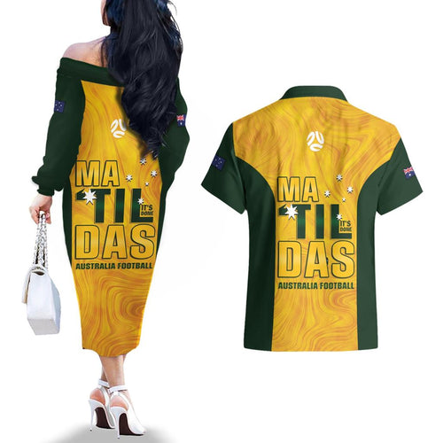 Australia Soccer Couples Matching Off The Shoulder Long Sleeve Dress and Hawaiian Shirt Cooney Cross Matildas Gold Version