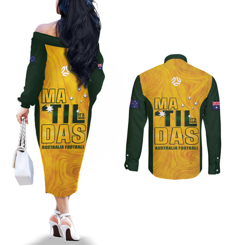 Australia Soccer Couples Matching Off The Shoulder Long Sleeve Dress and Long Sleeve Button Shirt Cooney Cross Matildas Gold Version