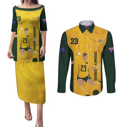 Australia Soccer Couples Matching Puletasi and Long Sleeve Button Shirt Cooney Cross Matildas Gold Version