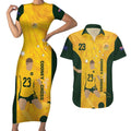 Australia Soccer Couples Matching Short Sleeve Bodycon Dress and Hawaiian Shirt Cooney Cross Matildas Gold Version
