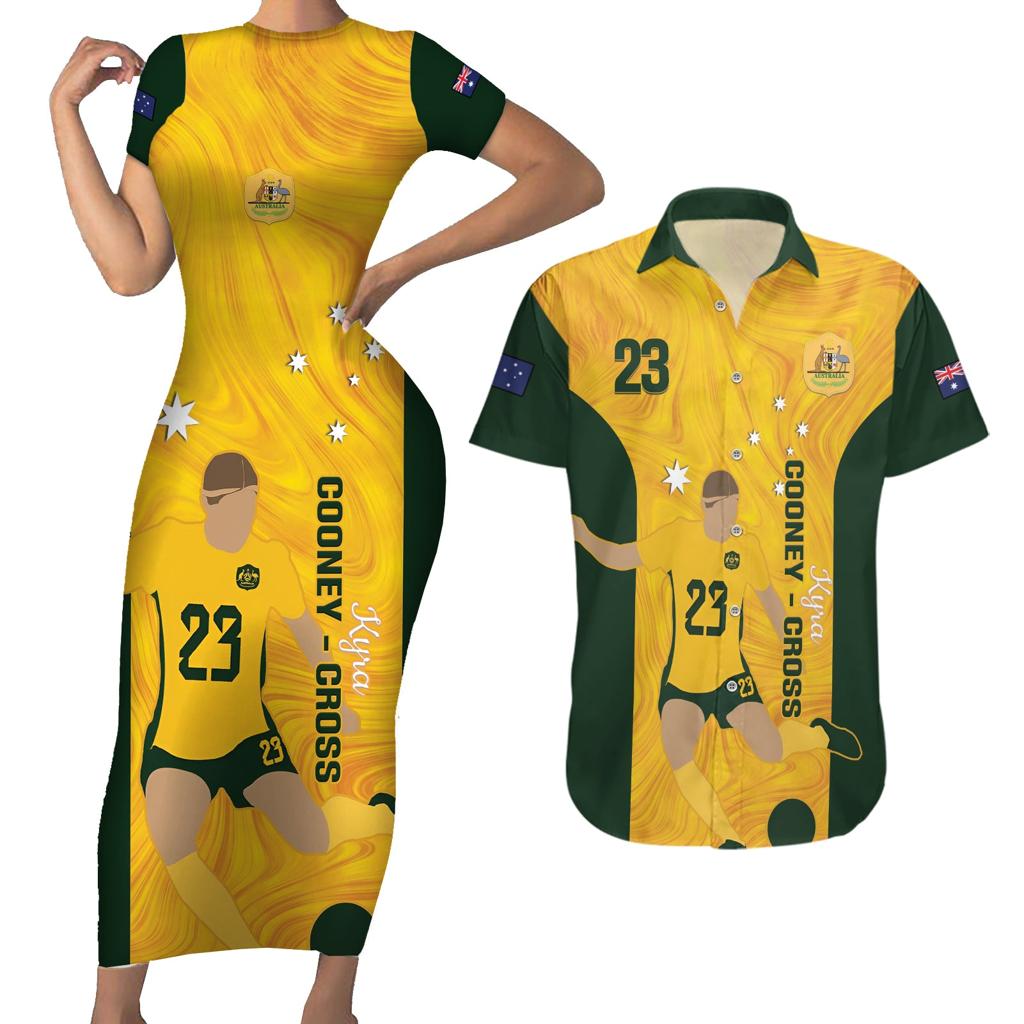 Australia Soccer Couples Matching Short Sleeve Bodycon Dress and Hawaiian Shirt Cooney Cross Matildas Gold Version