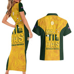 Australia Soccer Couples Matching Short Sleeve Bodycon Dress and Hawaiian Shirt Cooney Cross Matildas Gold Version