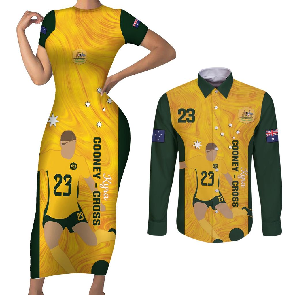 Australia Soccer Couples Matching Short Sleeve Bodycon Dress and Long Sleeve Button Shirt Cooney Cross Matildas Gold Version