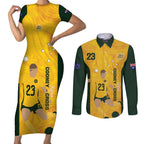 Australia Soccer Couples Matching Short Sleeve Bodycon Dress and Long Sleeve Button Shirt Cooney Cross Matildas Gold Version