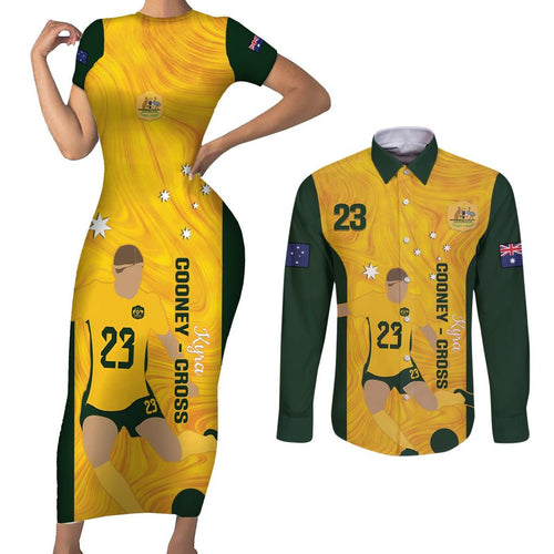 Australia Soccer Couples Matching Short Sleeve Bodycon Dress and Long Sleeve Button Shirt Cooney Cross Matildas Gold Version