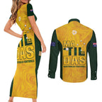 Australia Soccer Couples Matching Short Sleeve Bodycon Dress and Long Sleeve Button Shirt Cooney Cross Matildas Gold Version