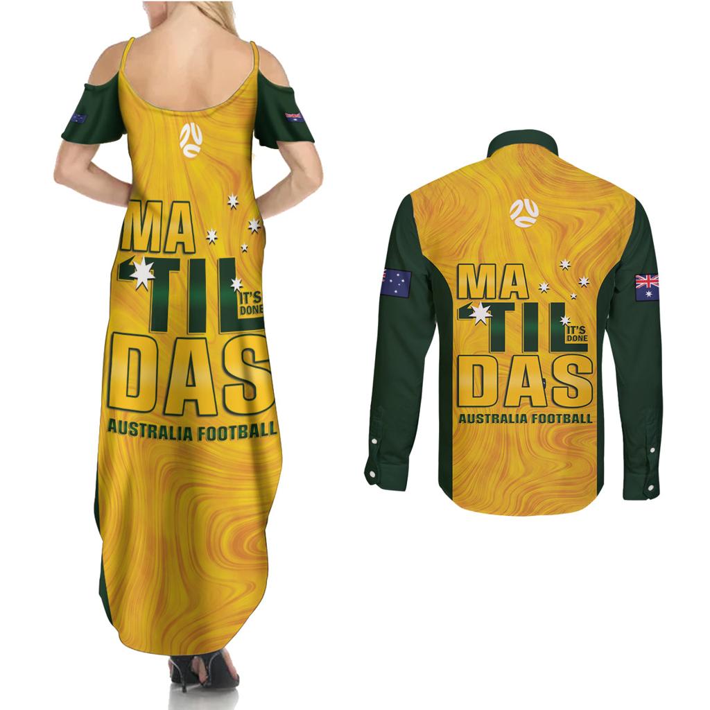 Australia Soccer Couples Matching Summer Maxi Dress and Long Sleeve Button Shirt Cooney Cross Matildas Gold Version