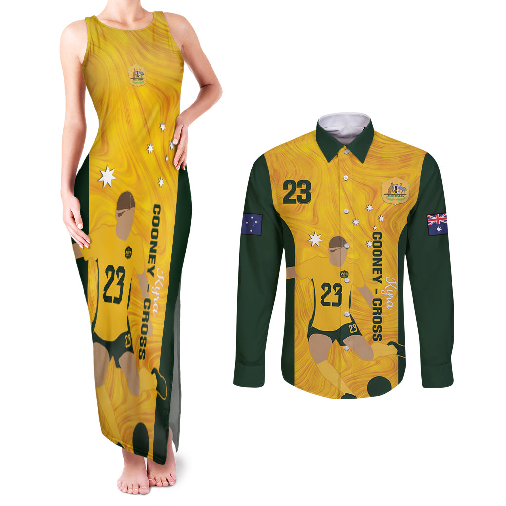 Australia Soccer Couples Matching Tank Maxi Dress and Long Sleeve Button Shirt Cooney Cross Matildas Gold Version