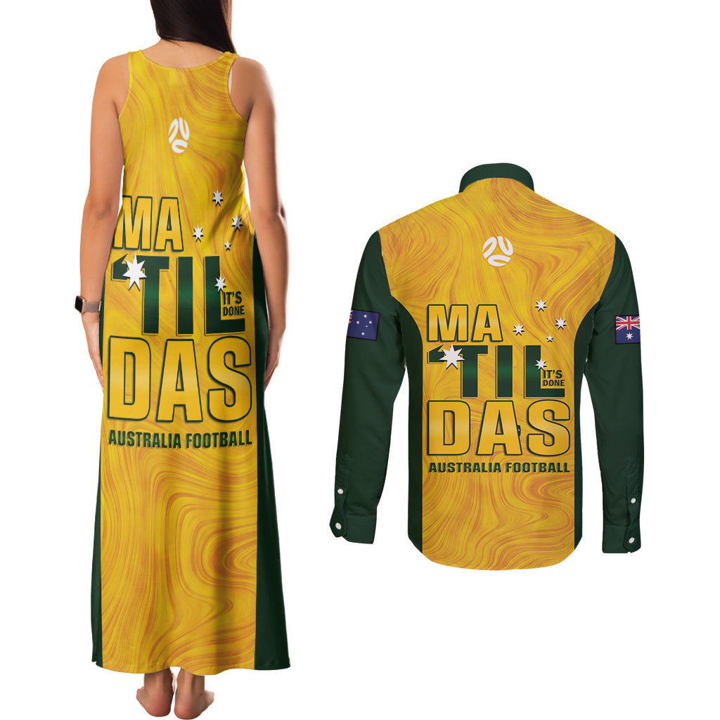 Australia Soccer Couples Matching Tank Maxi Dress and Long Sleeve Button Shirt Cooney Cross Matildas Gold Version