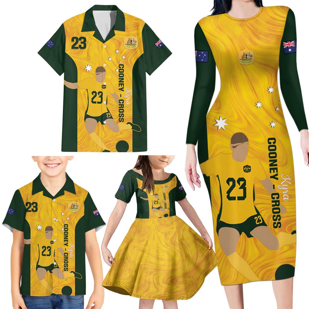 Australia Soccer Family Matching Long Sleeve Bodycon Dress and Hawaiian Shirt Cooney Cross Matildas Gold Version