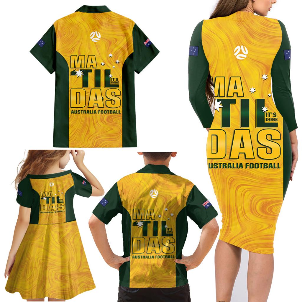 Australia Soccer Family Matching Long Sleeve Bodycon Dress and Hawaiian Shirt Cooney Cross Matildas Gold Version