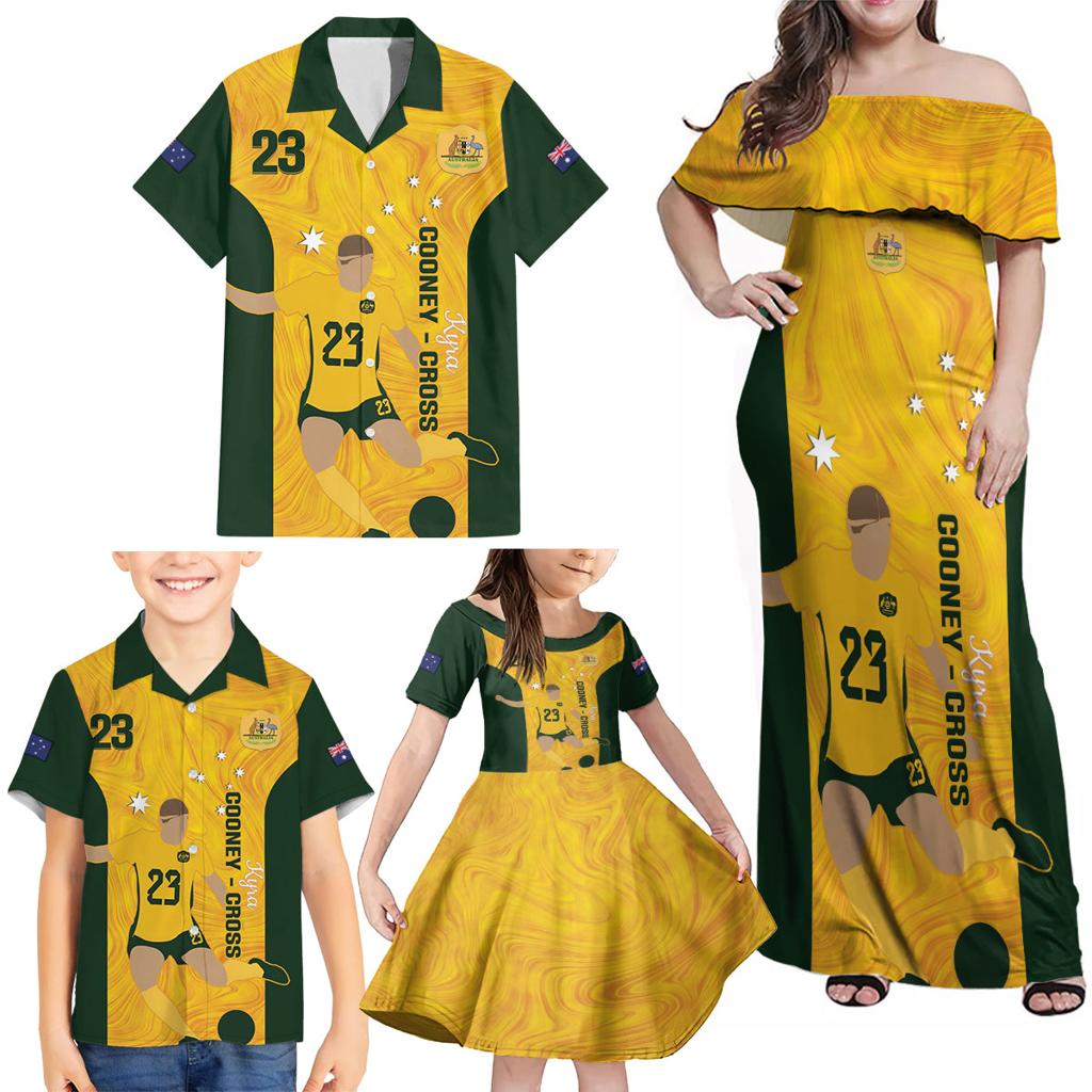 Australia Soccer Family Matching Off Shoulder Maxi Dress and Hawaiian Shirt Cooney Cross Matildas Gold Version