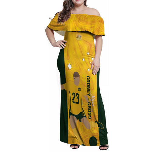 Australia Soccer Family Matching Off Shoulder Maxi Dress and Hawaiian Shirt Cooney Cross Matildas Gold Version
