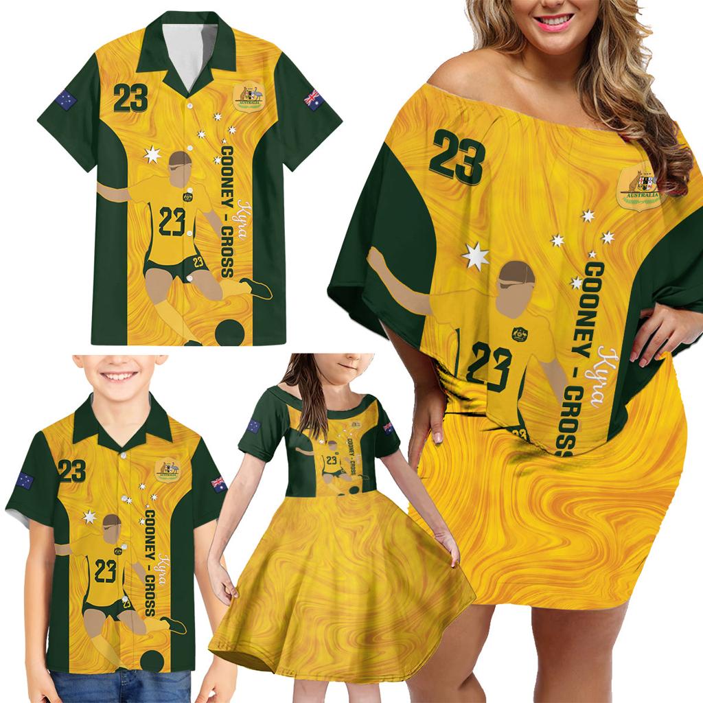 Australia Soccer Family Matching Off Shoulder Short Dress and Hawaiian Shirt Cooney Cross Matildas Gold Version