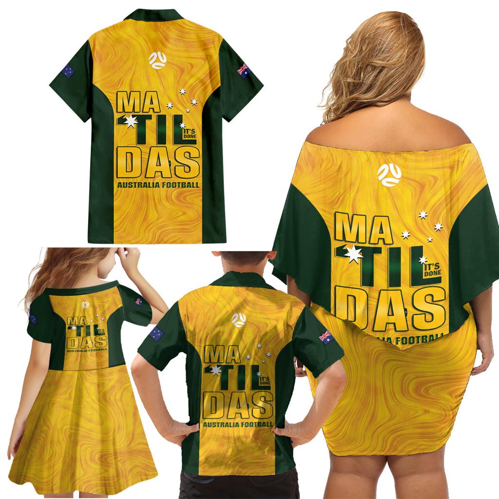 Australia Soccer Family Matching Off Shoulder Short Dress and Hawaiian Shirt Cooney Cross Matildas Gold Version