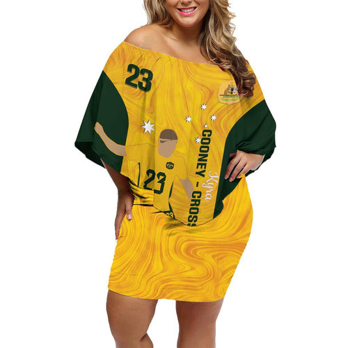 Australia Soccer Family Matching Off Shoulder Short Dress and Hawaiian Shirt Cooney Cross Matildas Gold Version