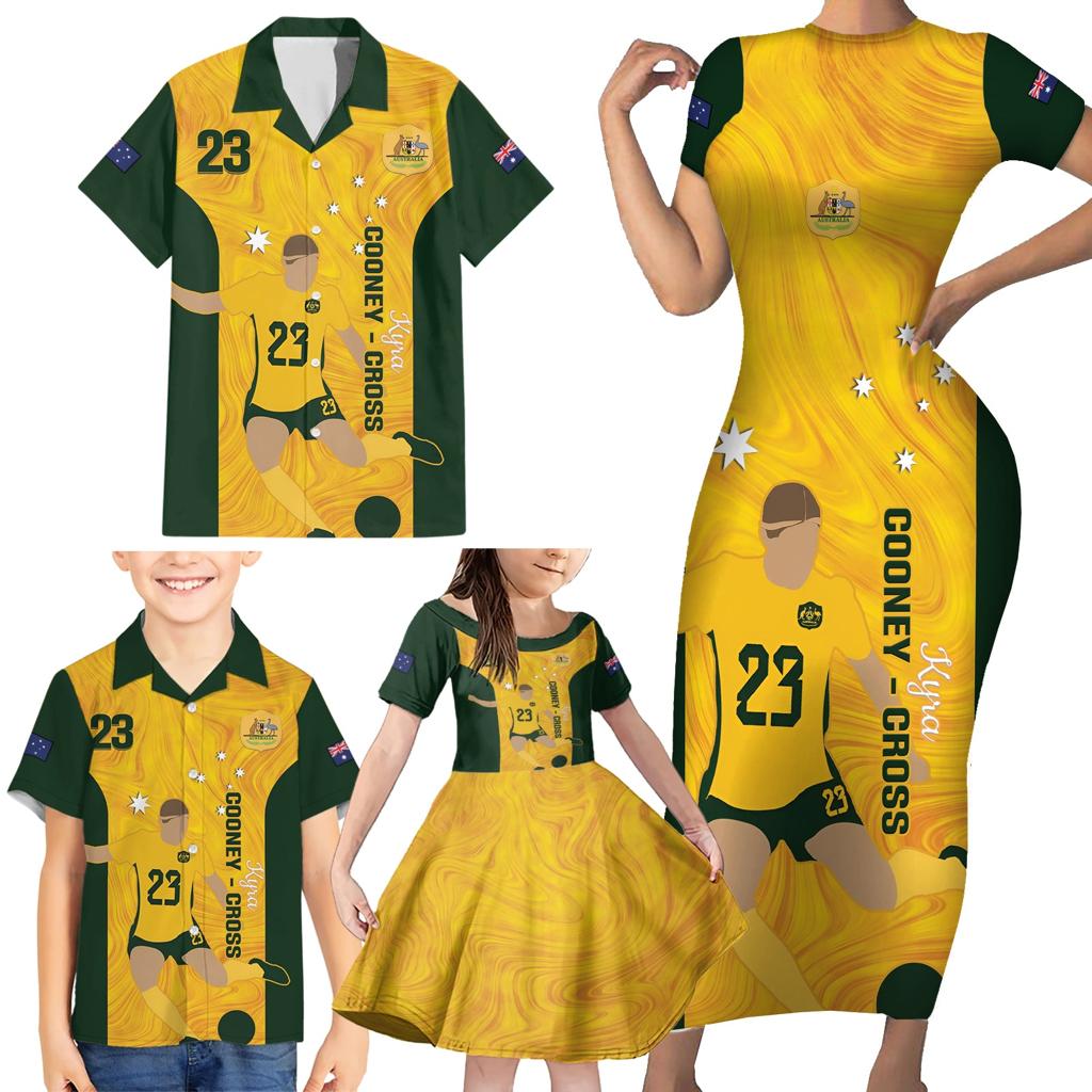Australia Soccer Family Matching Short Sleeve Bodycon Dress and Hawaiian Shirt Cooney Cross Matildas Gold Version