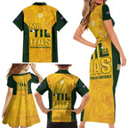 Australia Soccer Family Matching Short Sleeve Bodycon Dress and Hawaiian Shirt Cooney Cross Matildas Gold Version