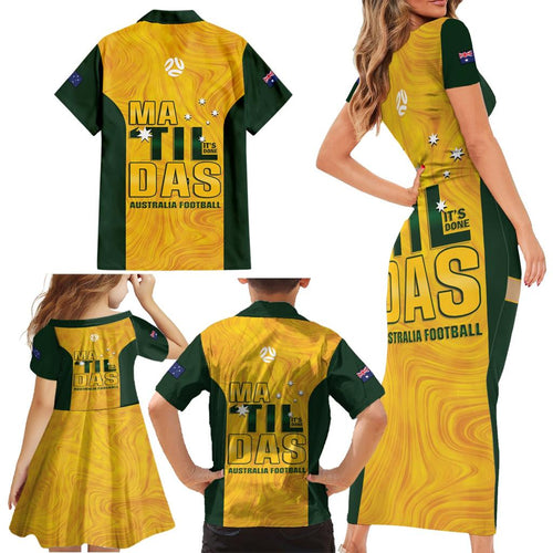 Australia Soccer Family Matching Short Sleeve Bodycon Dress and Hawaiian Shirt Cooney Cross Matildas Gold Version