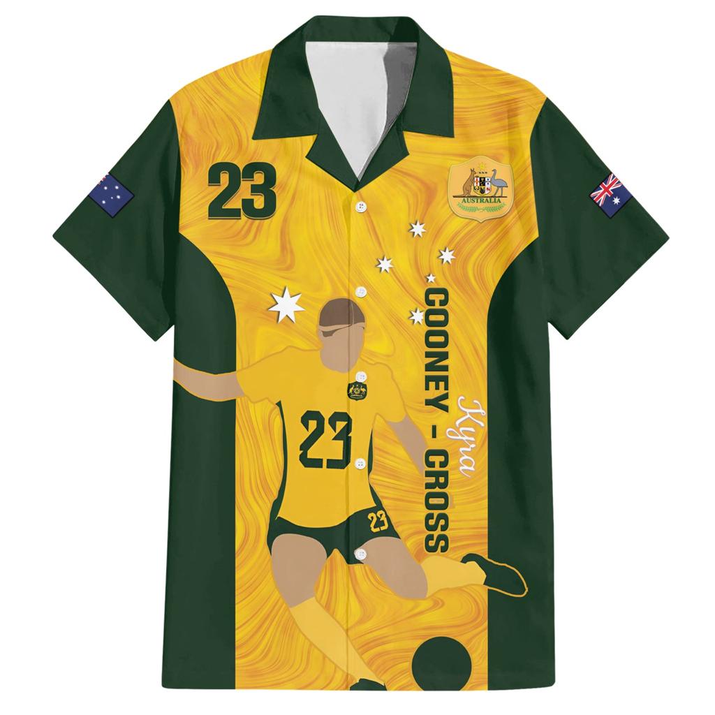 Australia Soccer Family Matching Short Sleeve Bodycon Dress and Hawaiian Shirt Cooney Cross Matildas Gold Version