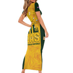 Australia Soccer Family Matching Short Sleeve Bodycon Dress and Hawaiian Shirt Cooney Cross Matildas Gold Version