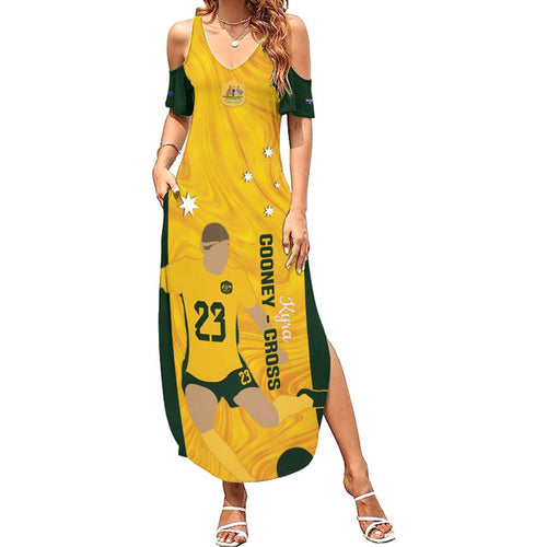 Australia Soccer Family Matching Summer Maxi Dress and Hawaiian Shirt Cooney Cross Matildas Gold Version