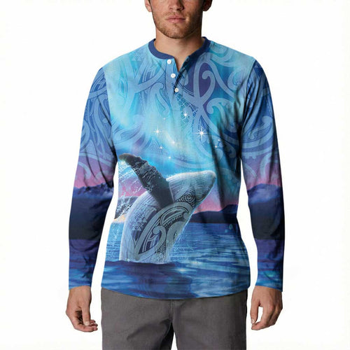 New Zealand Matariki Humpback Whale Button Sweatshirt Paikea Maori New Year Blue Galaxy