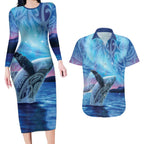 New Zealand Matariki Humpback Whale Couples Matching Long Sleeve Bodycon Dress and Hawaiian Shirt Paikea Maori New Year Blue Galaxy