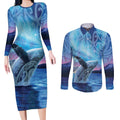 New Zealand Matariki Humpback Whale Couples Matching Long Sleeve Bodycon Dress and Long Sleeve Button Shirt Paikea Maori New Year Blue Galaxy