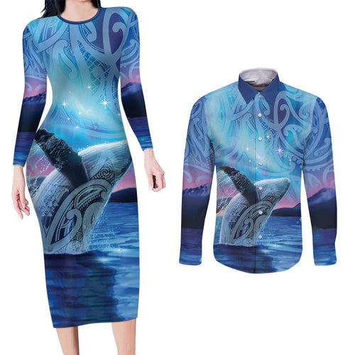 New Zealand Matariki Humpback Whale Couples Matching Long Sleeve Bodycon Dress and Long Sleeve Button Shirt Paikea Maori New Year Blue Galaxy