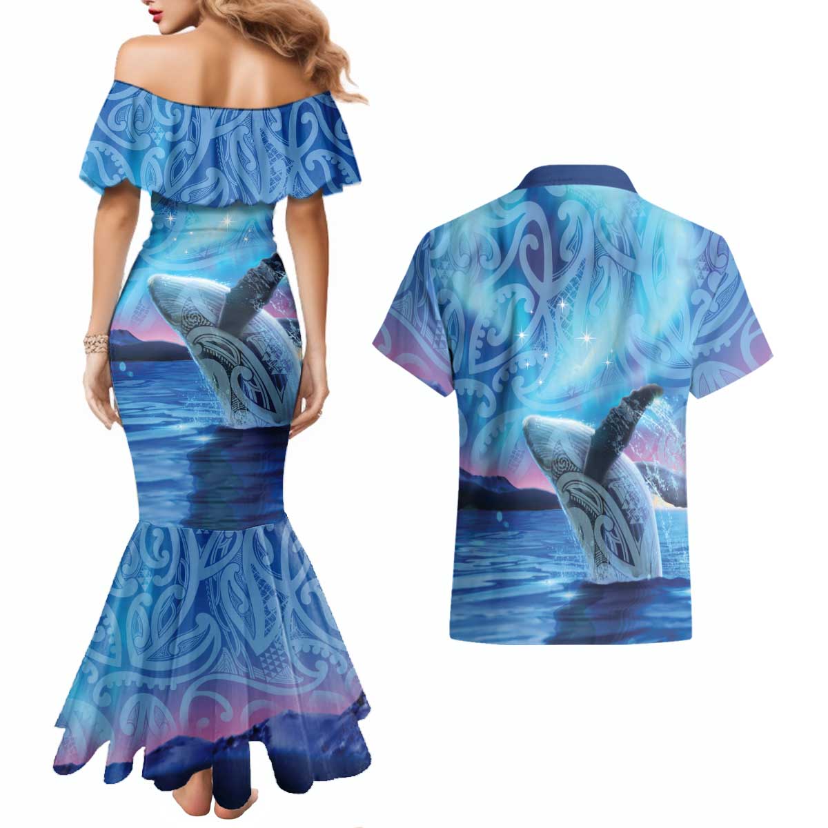 New Zealand Matariki Humpback Whale Couples Matching Mermaid Dress and Hawaiian Shirt Paikea Maori New Year Blue Galaxy