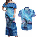 New Zealand Matariki Humpback Whale Couples Matching Off Shoulder Maxi Dress and Hawaiian Shirt Paikea Maori New Year Blue Galaxy