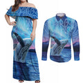 New Zealand Matariki Humpback Whale Couples Matching Off Shoulder Maxi Dress and Long Sleeve Button Shirt Paikea Maori New Year Blue Galaxy