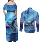 New Zealand Matariki Humpback Whale Couples Matching Off Shoulder Maxi Dress and Long Sleeve Button Shirt Paikea Maori New Year Blue Galaxy
