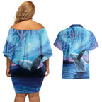New Zealand Matariki Humpback Whale Couples Matching Off Shoulder Short Dress and Hawaiian Shirt Paikea Maori New Year Blue Galaxy
