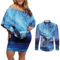 New Zealand Matariki Humpback Whale Couples Matching Off Shoulder Short Dress and Long Sleeve Button Shirt Paikea Maori New Year Blue Galaxy