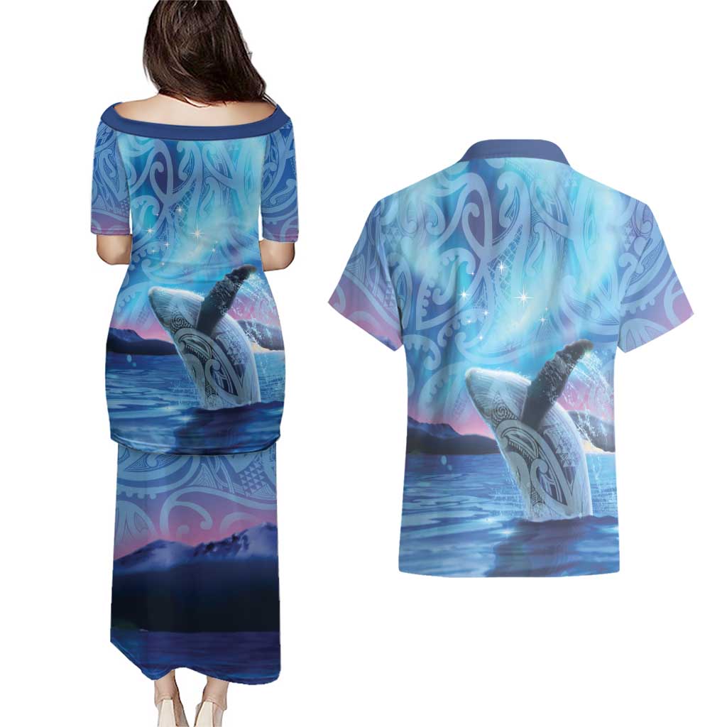 New Zealand Matariki Humpback Whale Couples Matching Puletasi and Hawaiian Shirt Paikea Maori New Year Blue Galaxy