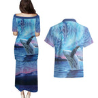 New Zealand Matariki Humpback Whale Couples Matching Puletasi and Hawaiian Shirt Paikea Maori New Year Blue Galaxy