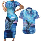 New Zealand Matariki Humpback Whale Couples Matching Short Sleeve Bodycon Dress and Hawaiian Shirt Paikea Maori New Year Blue Galaxy